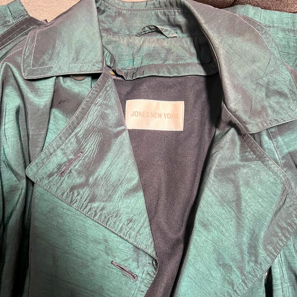 90’s Trench coat, two tone green and black, iridescent, shiny finish.